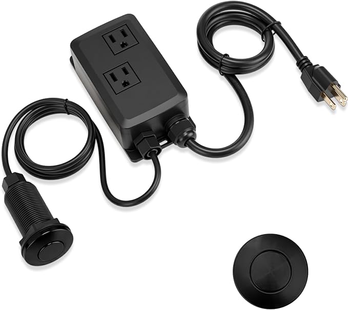 Garbage Disposal Air Switch Kit Wireless Sink Top Garbage Disposal Button Stainless Steel/On/Off Waterproof Button Kit with Long Switch Matte UL Listed(Dual Outlet,Black,Long Size)