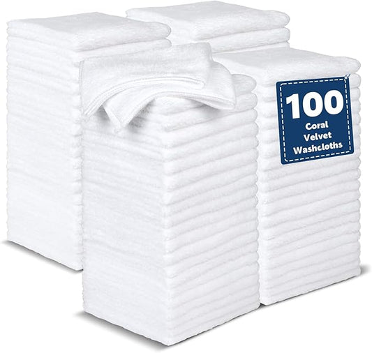 Coral Velvet Washcloths Bulk -100 Pack, Highly Absorbent and Soft White Face Towels, Multi-Purpose Washcloths and Hand Towels for Bathroom, Hotel, Spa and Gym, 12 x 12 inches