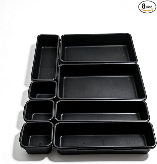 U-KIME Desktop Storage Box ,Tabletop Clutter Organizers For Cosmetics, Stationery, Kitchen Utensils, Office Supplies & Small Items(Black / 8-Piece set)