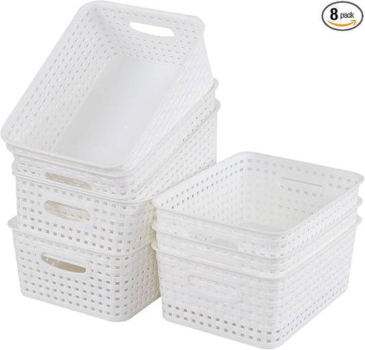 8 Packs Small Plastic Woven Basket, White Storage Baskets for organization