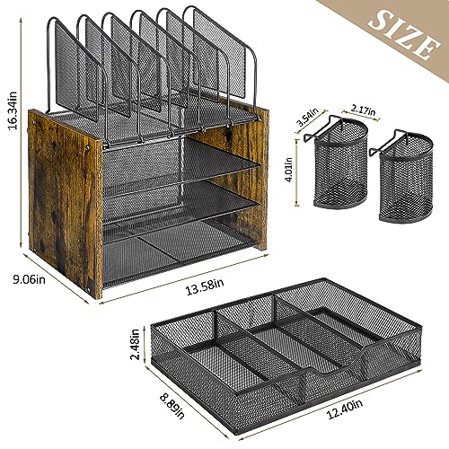 DAOUTIME 4-Tier Mesh Desk Organizer, Wooden Desk File Organizer - Image 7