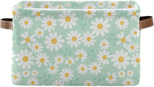 Daisy Flower Mint Green Rectangle Storage Basket Collapsible Storage Bin for Nursery Books Waterproof Baskets for Closet Shelves Bedroom Decor