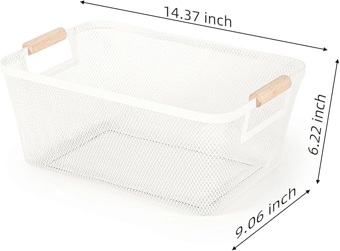 2-Pack Metal Mesh Basket, Large Wire Storage Organizer with Wood Handle for Kitchen Pantry, Bathroom, Cabinet, Closet, Picnic & Home Organization, Large, White
