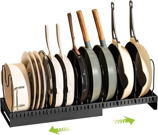 Pots and Pans Organizer Under Cabinet with Drain Board, Expandable Pot Lid Organizer inside Cabinet Holder with 10 Adjustable Compartment, Rack for Cutting Board, Sheet Pan, Cookware, Black