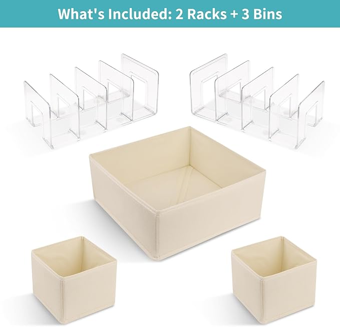 2 Acrylic File Sorters with 4 Sections for Documents/Notebooks and 3 Foldable Fabric Drawer Dividers for Clothes, Underwear, Socks, Towels - Multifunctional Storage Boxes for Home Office and Bedroom
