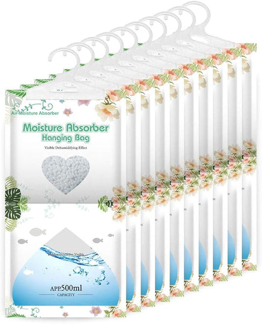 CANAGER Hanging Moisture Absorber-10 Packs, Hanging Dehumidifier Bags for Closet,Bedroom and kitchen,Fragrance Free,Moisture Absorb 12.5OZ