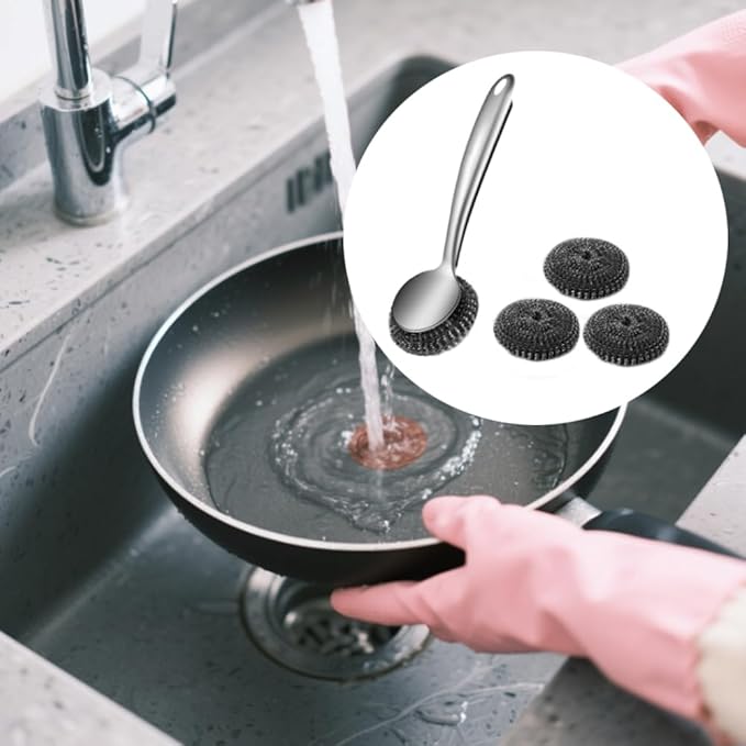 Steel Wool Dish Scrubber, Stainless Steel Scrubber Long Handle with Replacement Balls Ergonomic Design for Dishes, Pans, Grills, Stoves