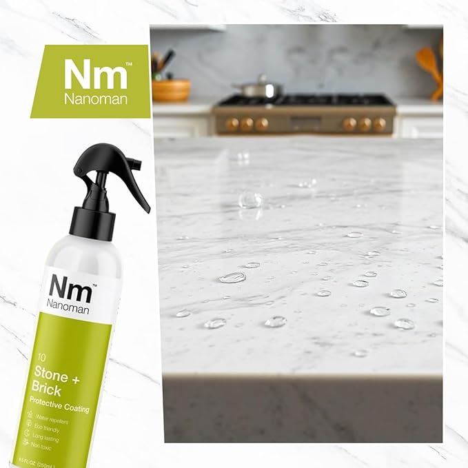 Nanoman Stone and Brick Sealer 8.4 fl oz; Marble Granite Quartz Stone Brick Concrete Grout Sealer and Protectant; Cleaner Sealant Protector & Care Spray for Kitchen and Bathroom Benches and Surfaces