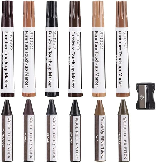 Furniture Repair kit, Wood Scratch Cover Markers*6 and Wax Filler Sticks*6 with Sharpener- 13Pack, Furniture Markers Touch Up Kit for Cover Ups Wooden Floors, Tables, Desks, Carpenters, Stains