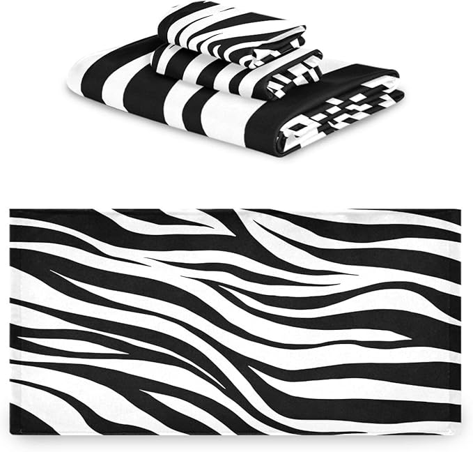 3 Piece Zebra Animal Skin Print Bath Towels Set,Microfiber Modern Black White Striped Abstract Decorative Bathroom Towels,1 Bath Towel 1 Hand Towel for Bathroom Kitchen,1 Washcloth for Face