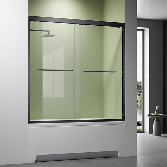 Sliding Bathtub Shower Door 56-60" Width x 62" Height With 1/4"(6mm) Clear Tempered Glass, Black Stainless Steel Hardware, Double Handles Bypass Tub Doors