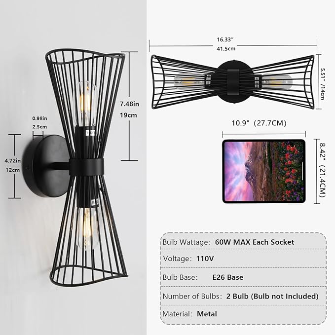 Black 2-Light Vanity Wall Sconce Farmhouse Light Fixtures Over Mirror Modern Up and Down Sconces Large Wall Light Hardwired Wall Lamp for Hallway Bedroom Kitchen Bathroom
