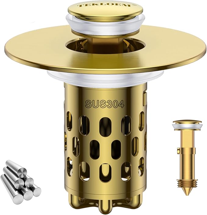 Bathroom Sink Stopper,All Metal Pop-Up Sink Drain Strainer with Removable Stainless Steel Filter Basket, Universal Bathroom Hair Catcher Fit for 1.1-2.36'' Drain (Gold, 1 Pack)