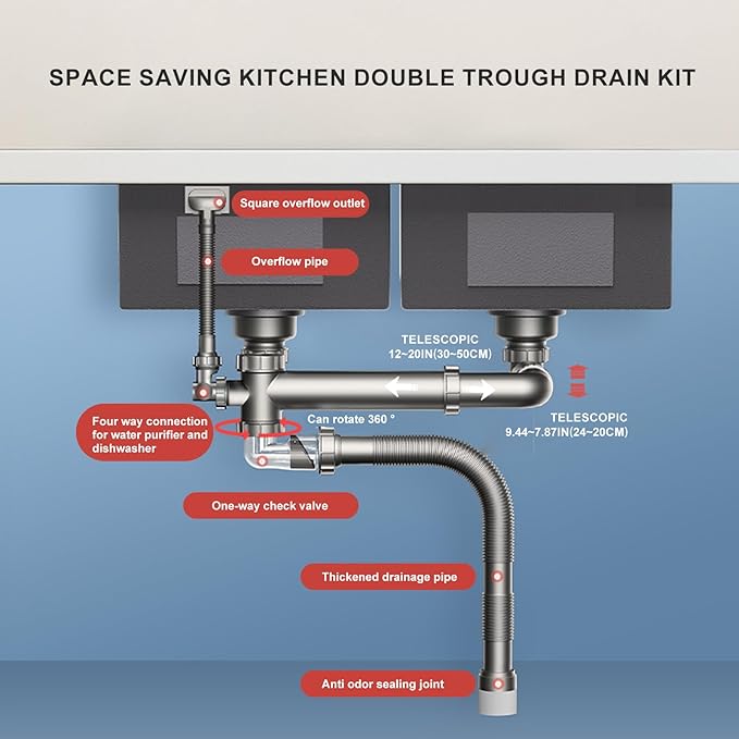 Double Sink Drain Kit Space Saving Kitchen Sink Drain Kit Expandable Flexible 1 1/2" P-Trap Pipe 3-1/2 Inch Sink Drain Assembly Kit with 4-Way Fitting Adapter for Dishwasher