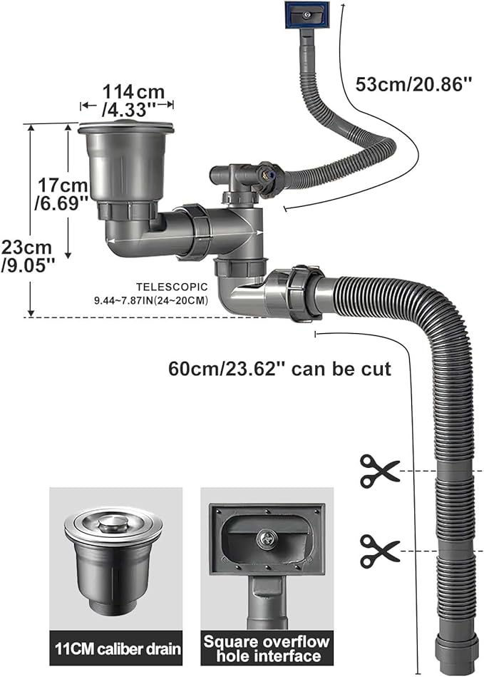 Single Sink Kitchen Sink Drain Kit Space Saving Flexible Drain Pipe Flexible P-Trap Drain Strainer with 3-1/2 Inch Sink Drain Assembly Kit 304 Stainless Steel