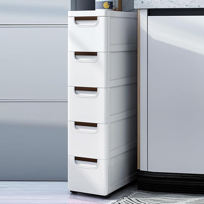 5 Drawers Narrow Slim Plastic Storage Cabinet,Storage Drawer with 4 Wheels,5 Tier Drawers Dresser,White