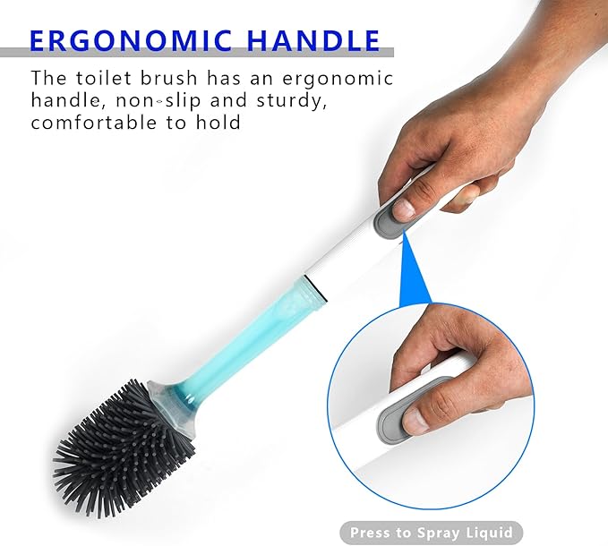 Silicone Toilet Brush and Holder Set, 1 Pack Bendable Toilet Scrubber for Curved Rim, Non-Scratch Drip-Resistant Brush with Sprayer, Space Saving Bathroom Essentials (1)
