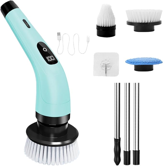 Electric Spin Scrubber, Cordless Bathroom Scrubber, Electric Brush Cleaner, 370 RPM USB Rechargeable Scrubber with 3 Replaceable Brush Heads, 2 Adjustable Speeds Bathroom