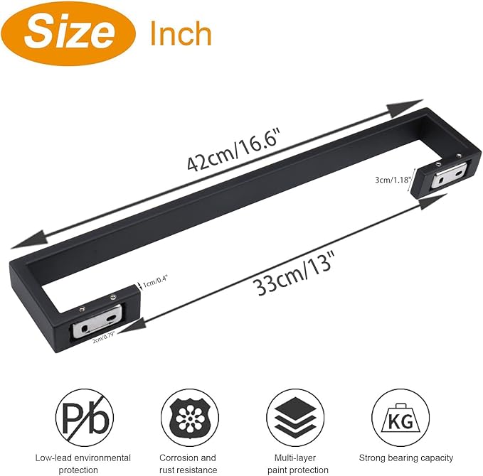 TocTen Bath Towel Rack - Square Base Thicken SUS304 Stainless Steel Bar for Bathroom, Bathroom Accessories Rod Heavy Duty Wall Mounted Holder (Matte Black, 16 Inch)