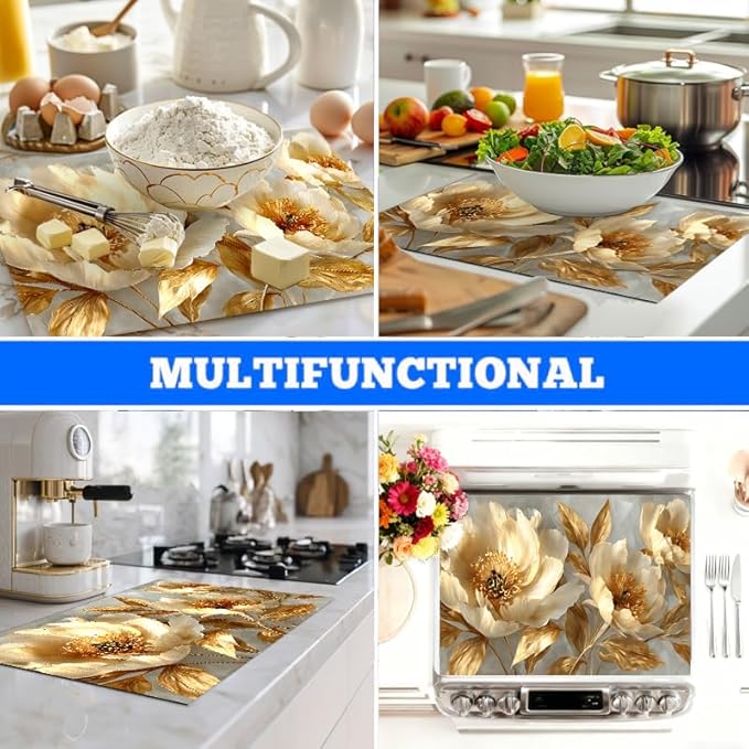 Stove Top Covers for Electric Stove, Stain-Resistant Cooktop Pad, Wipeable Range Cover, Non-Slip Counter Mat, 28.3 x 20.5 Inches, Elegant Gold Floral Decor(Peony flower)
