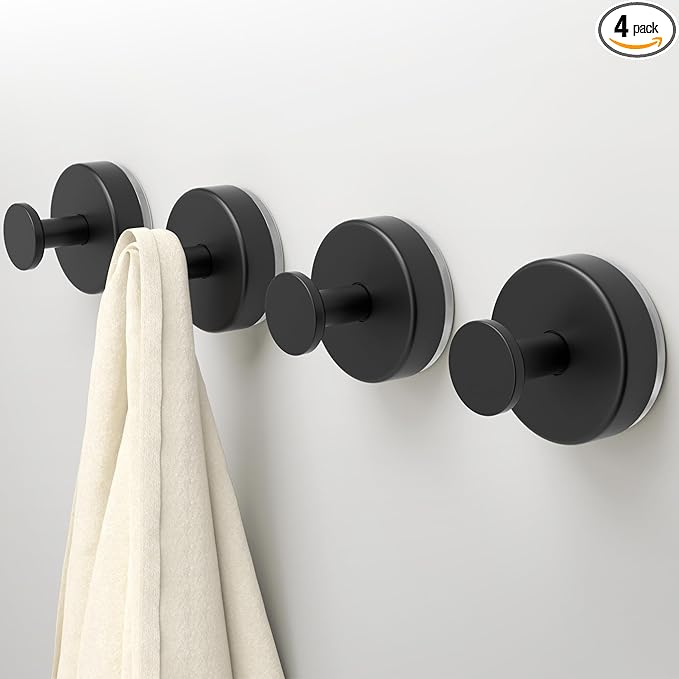 Deluwire Suction Cup Hooks for Shower,4 Packs Wall Mount Towel Holder,Removable Shower Towel Suction Hooks for Bathroom Wall,Kitchen,Glass,Mirror,Tile to Hang Robes,Loofah-Black