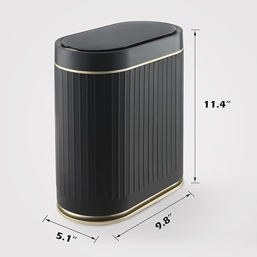 ELPHECO Bathroom Trash Can with Lid 2 Gallon Motion Sensor Garbage Can 7.5 Liter Small Trash can Touchless Bathroom Decor Waterproof Smart Waste Bin with Stripes for Bedroom, Office (Black-Golden)