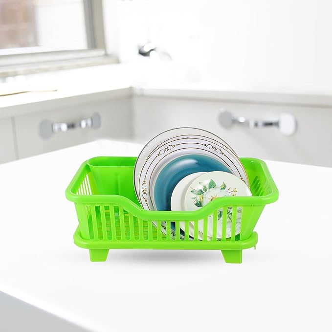 Multifunction Kitchen Cutlery Holder Plastic Tableware Draining Rack with Side Drain Tray for Bowls Plates Milk Bottles Sink Organizer in Green Medium