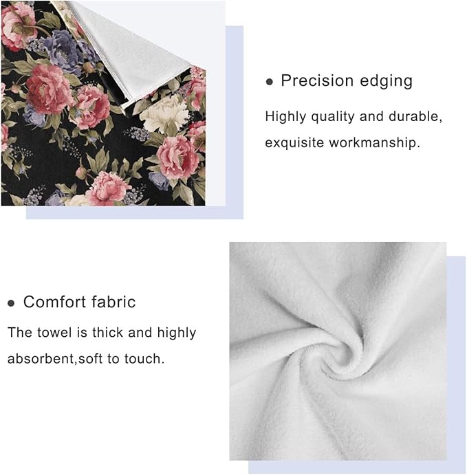 Vintage Peony Floral Bath Towels Set,Ultra Soft 3 Piece Watercolor Rose Flower Pattern Black Towels for Bathroom,1 Bath Towel 1 Hand Towel 1 Washcloth,Absorbent Decoractive Bathroom Towels