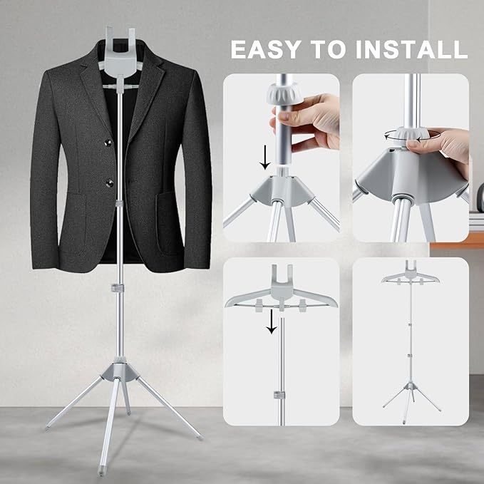 Foldable Garment Steamer Hanger Stand with Ironing Gloves, Adjustable Steamer Rack Included Lint Remover Storage Bag 2 Clips for Suits Shirts Coats Portable Travel Home Use