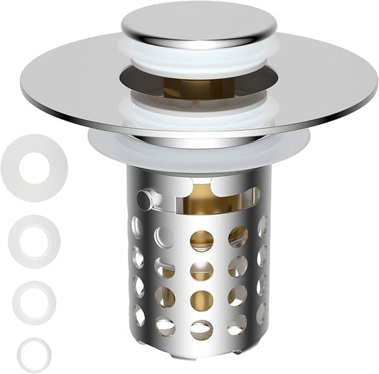 Universal Bathroom Sink Drain Strainer Hair Catcher Upgraded with Removable Stainless Steel Filter Basket, 3 in 1 Pop Up Sink Stopper for 1.1''~2.36'' Sink Basin Hole, Chrome