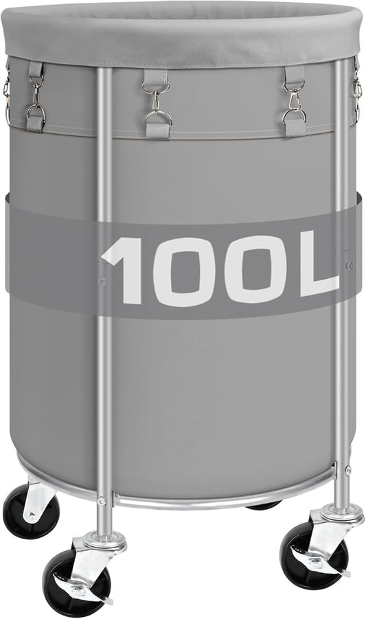 Laundry Hamper with Wheels, 100L Round Rolling Laundry Basket Sorter with Removable Bag, Clothes Cart Organizer with Steel Frame for Bedroom, Bathroom, Laundry Room, Grey