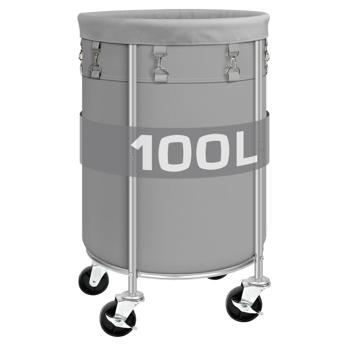 100L Round Rolling Laundry Hamper Basket with Wheels, Grey - Image 1