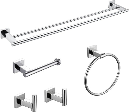 Miyili SUS304 Stainless Steel 5-Piece Bathroom Accessories Set with 30" Double Towel Bar, 5" Toilet Paper Holder, Towel Ring, 2 x Robe Hooks Bath Hardware Kit Wall Mount, Poilshed