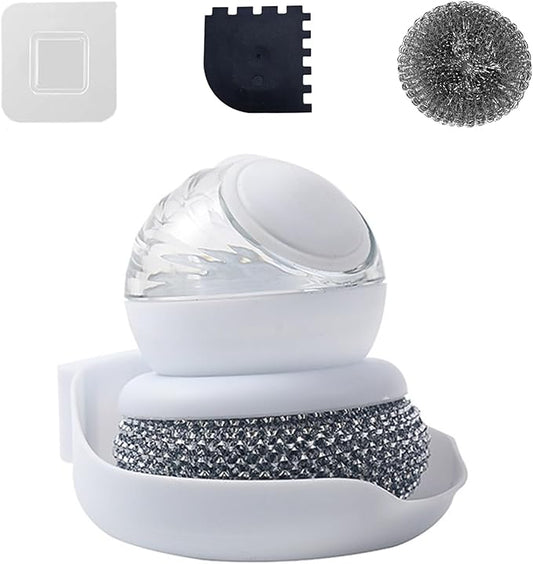 Dish Brush with Soap Dispenser, Steel Wool Scrubber with Replaceable Steel Wool, Pan Scraper and PET Scouring Pad, Wire Brush for Cleaning Cast Iron, Grill Pans, Stock Pots, Grills, Sinks (White)