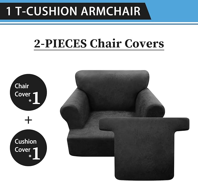 2-Pieces T Cushion Armchair Slipcovers Leather Look Couch Cover Chair Covers Stretch Furniture Protector Sofa Cover with 1 Individual T Cushion Seat Cover Slipcover Sets Washable, Dark Grey