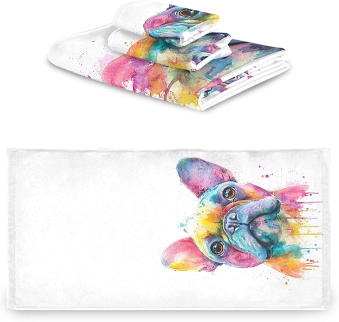 Pfrewn French Bulldog Puppy Towels Set of 3 Watercolor Dog Colorful Art Bathroom Towel Soft Absorbent Bath Hand Towels Washcloth Guest Towel Sets Bathroom Decorations