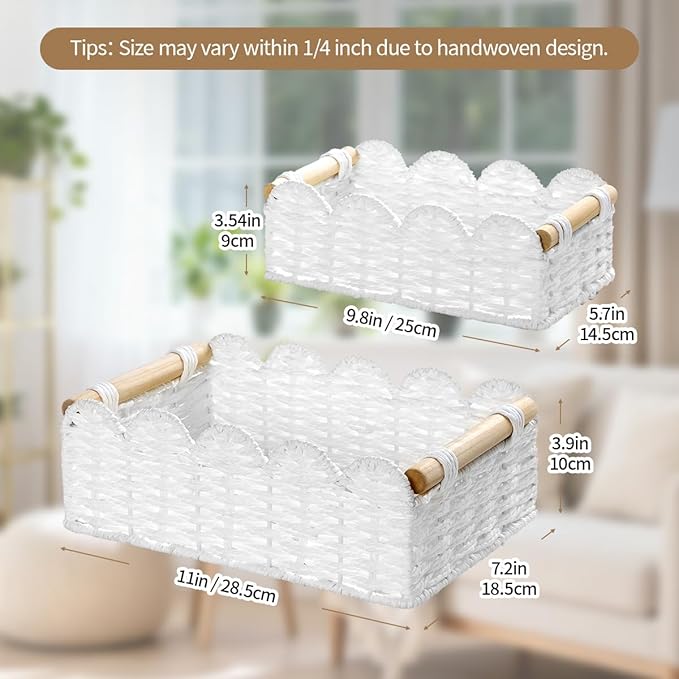 2 Pack Scalloped Wicker Basket Paper Rope Storage Baskets with Wooden Handles Hand-Woven Organizer Bin Wicker Storage Baskets for Organizing, Home Decor (White)