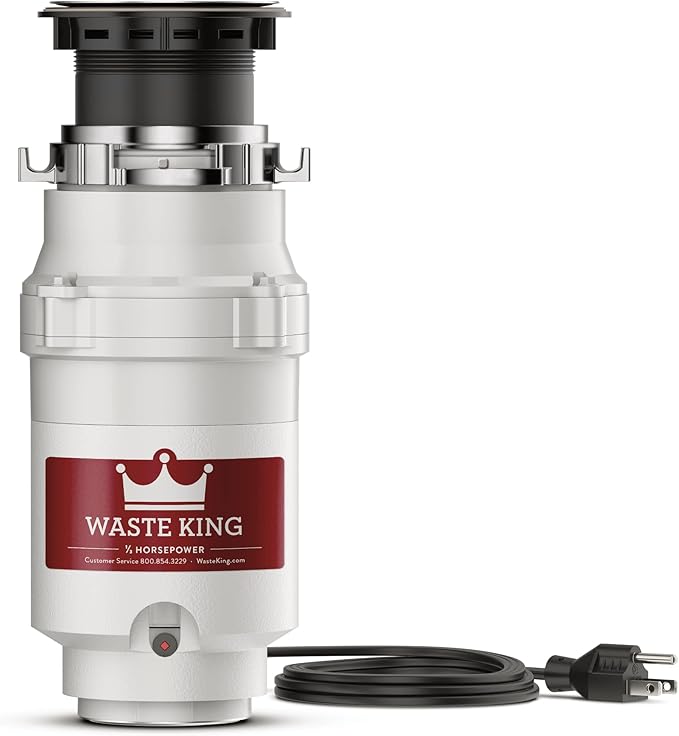 Waste King 1/3 HP Garbage Disposal with Power Cord, Compact Food Waste Disposer for Under Kitchen Sink, L-111 & 1025 Disposer EZ Mount Garbage Disposal Stopper and Splash Guard, Black