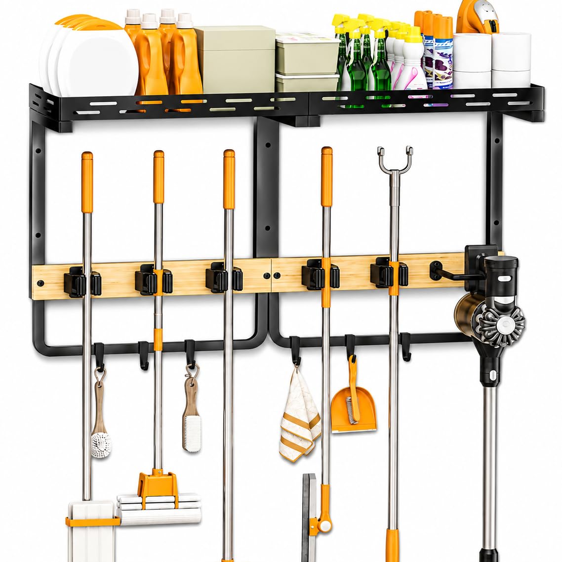 Mop and Broom Holder Wall Mount with Railing Shelf,3-in-1 - Image 1