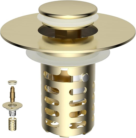 Universal Metal Bathroom Sink Drain Strainer Hair Catcher Upgraded 3 in 1 Pop-up Sink Stopper, with Detachable Stainless Steel Filter Basket, Fit for Standard 1.1''~2.36'' Basin Hole, Brushed Gold