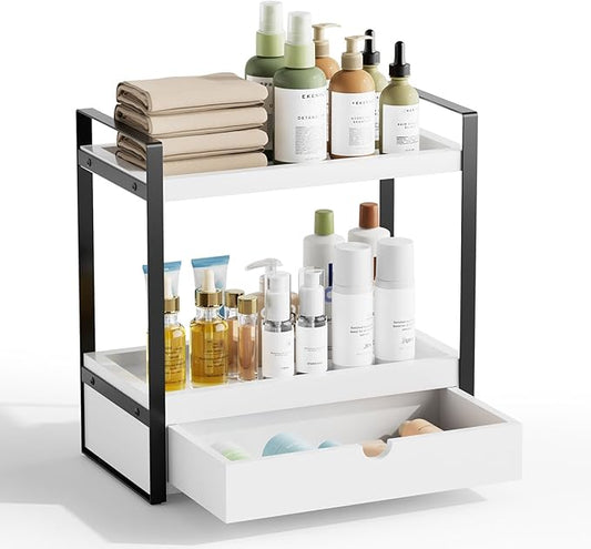 2-Tier Bathroom Organizer Countertop with Drawer, Wood Bathroom Counter Shelf for Storage, Vanity Organizer Countertop for Kitchen, Office
