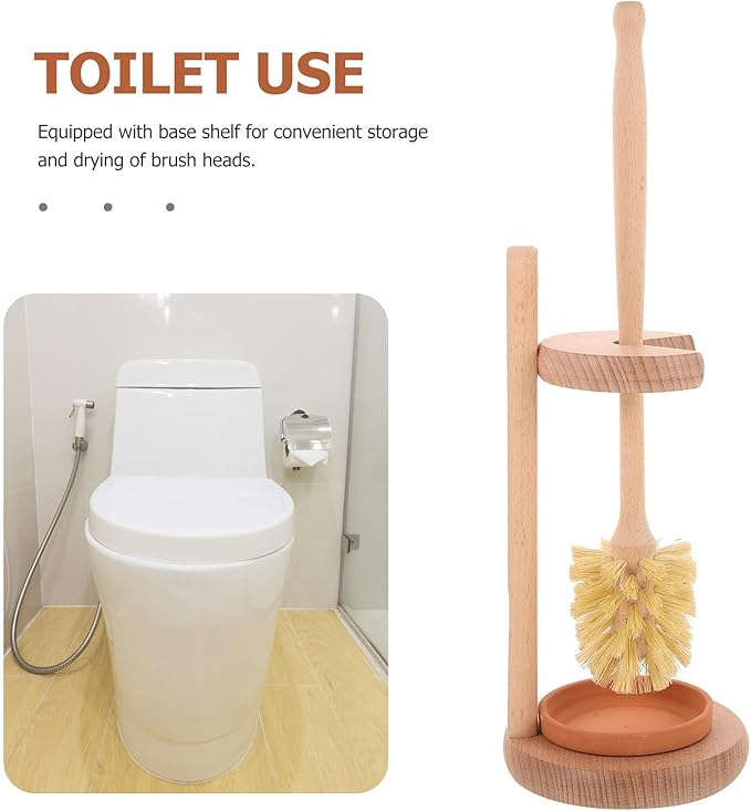 VICASKY Toilet Brush Set with Long Handle and Ceramic Beechwood Base, Natural Fiber Toilet Bowl Cleaner for Household Bathroom Cleaning