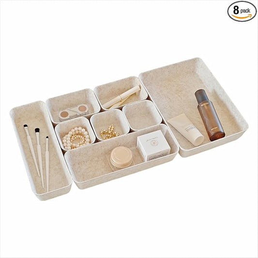 8-Piece Felt Drawer Organizer Set in 4-Sizes, Made from Eco-Friendly Material for Vanity, Makeup, Desk, Office, Kitchen, and Nightstand, Oatmeal