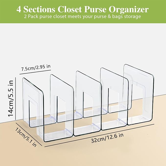 2 Pcs Acrylic Clear Purse Organizer for Closet - 4 Sections Handbag Divider Holder Storage in Bedroom Office (Pink)