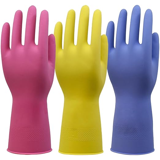 Rubber Kitchen Cleaning Gloves, Reusable Dishwashing Gloves, Non-Slip, with Flocked Liner, 3 Pairs (Pink+Yellow+Blue) (Medium)