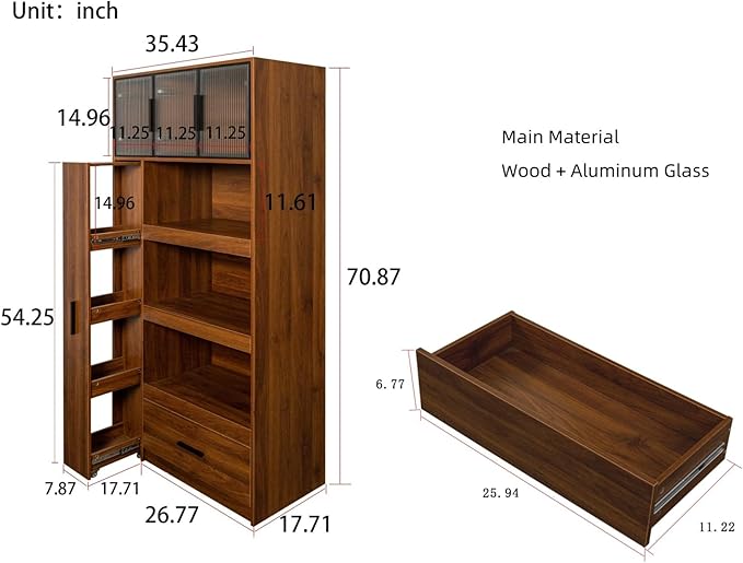 KEIKI 70.87" Tall Kitchen Pantry Storage Cabinet with Multi-Functional Pull-Out Shelf, Drawers, Glass Doors & Microwave Stand, Wood Hutch Food Pantries Cupboard for Coffee Bar, Dining Room