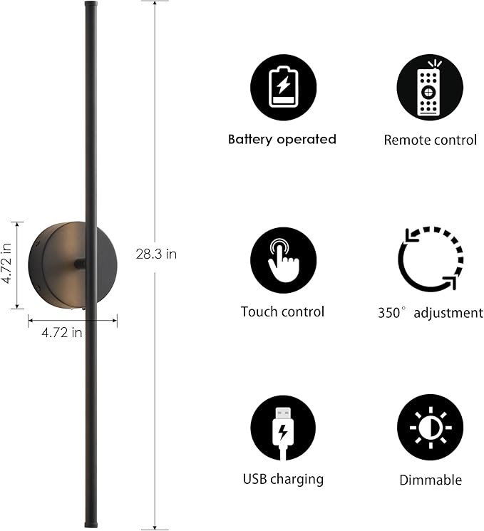 Battery Operated Wall Sconces, Dimmable Wall Sconces Set of Two, 350°Rotate, 3000K LED Black Wireless Wall Light for Living Room, Bedroom,Hallway, 32.2 Inch (2 Pack)