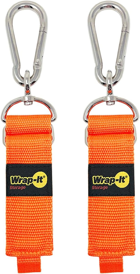 Hook 'n Hang Wrap-It Storage Straps - 12" (2-Pack) Blaze Orange - Carabiner Straps to Use as Extension Cord Holder for Cord Storage or Garden Hose Strap