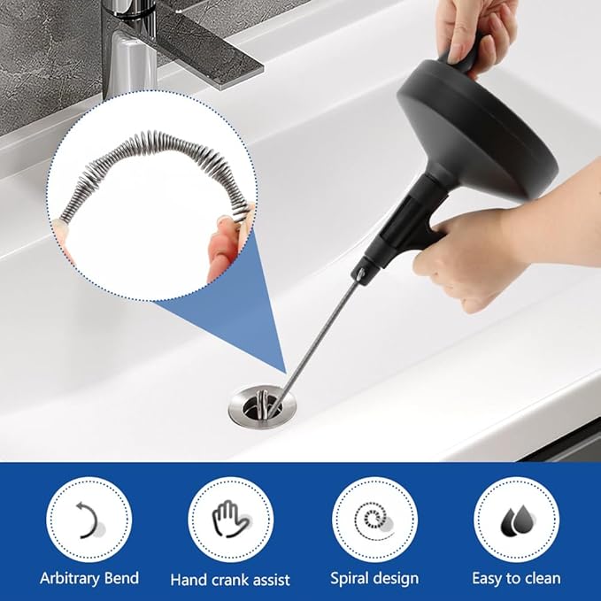 Drain Auger 33 Feet, Snake Drain Hair Removal Tool with 2 Gloves, Plumbing Sink Unclogger Drain Cleaner Toilet Snake Auger for Kitchen Bathroom Tub Shower