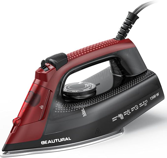 BEAUTURAL Steam Iron for Clothes, Ceramic-Coated Soleplate with Burst Steam, 3-Way Auto Shutoff, Anti-Drip and Anti-Calc, Self-Cleaning, 1500W Powerful for Home Use